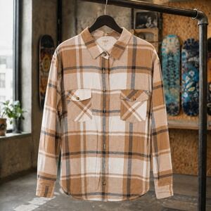 Weekends Everyday Tan Brown Plaid Flannel Button Up Shirt Large Mens Streetwear